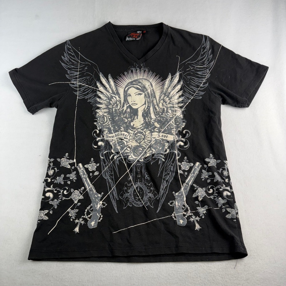 Miami Ink Mens XL Black V-Neck Tattoo Graphic Tee Unconditional Love Angel Shirt
